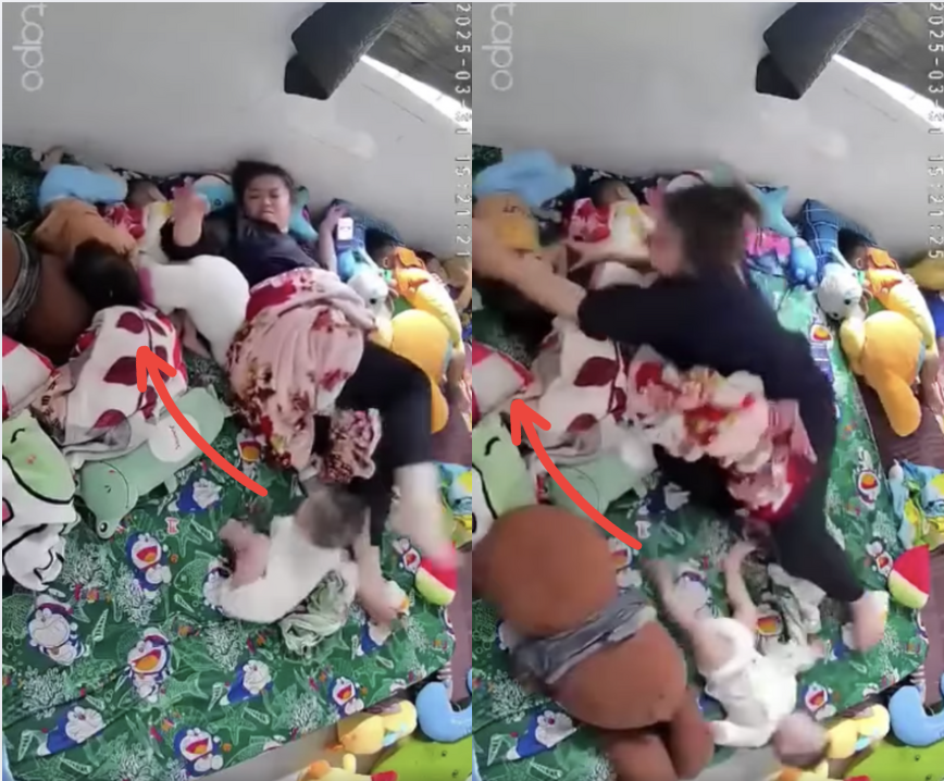 Nữ bảo mẫu đang nằm lướt điện thoại tại khu vực các trẻ em khoảng trên 1 tuổi đang ngủ. Sau đó, người bảo mẫu quay lại phía sau rồi dùng tay đánh tới tấp vào đầu, vào mặt một bé gái 2 tuổi khiến cháu bé khóc lớn